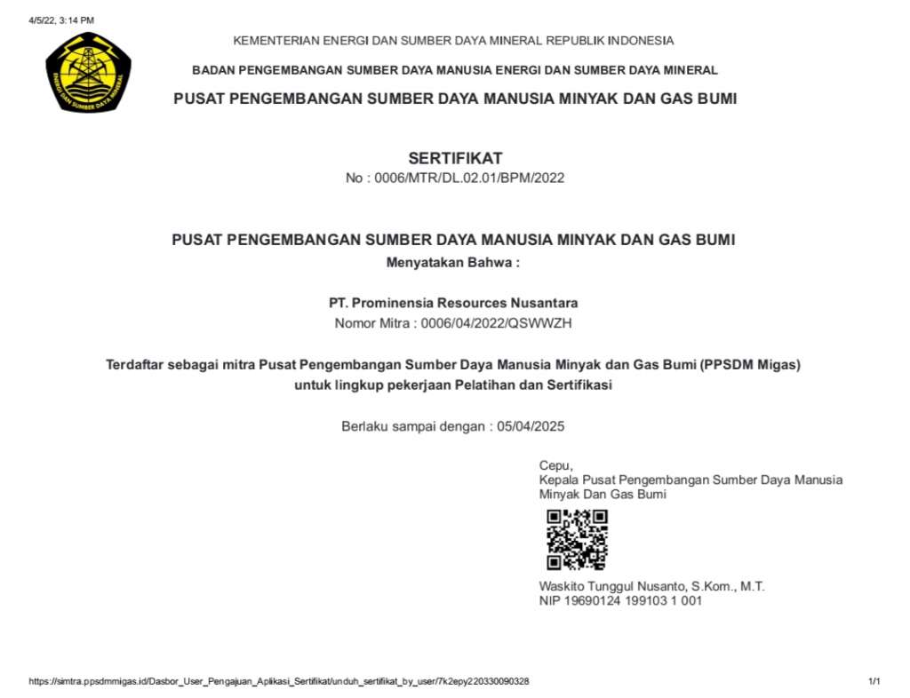Sertifikat Mitra PPSDM MIGAS Cepu
